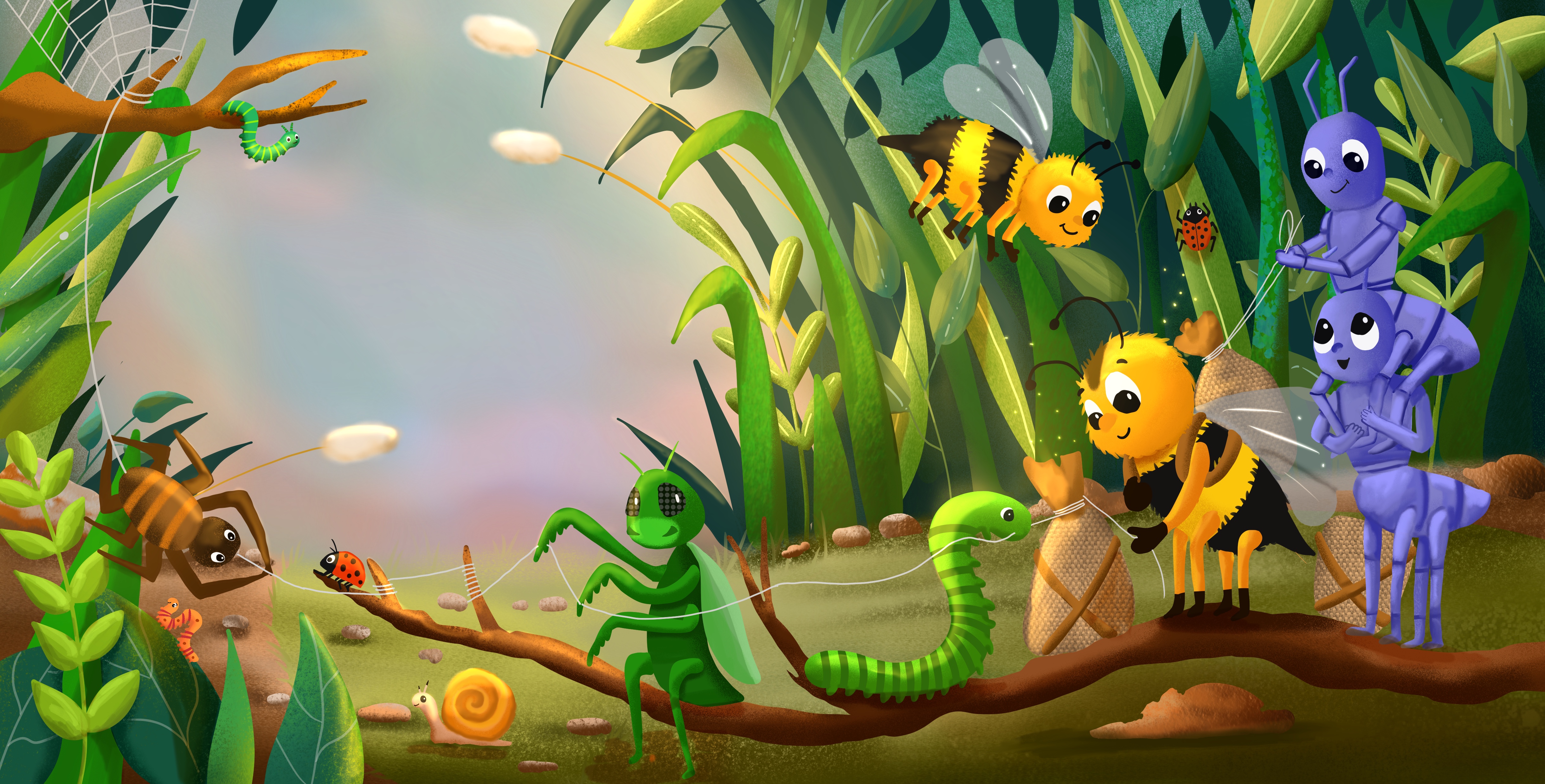 Bees and butterflies around a golden hive among large flowers, digital picture-book illustration